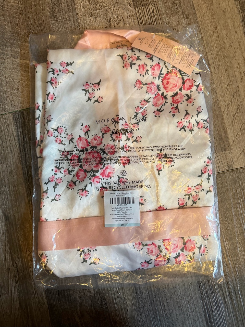 Morgan Lane White Satin Floral Robe with Pink Trim